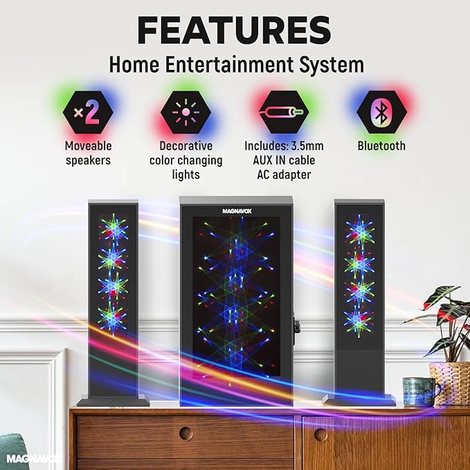 Magnavox MHT990 2.1 Home Entertainment System with Bluetooth Wireless Technology and Color Changing Lights in Black | AUX Port | Subwoofer with 2 Speakers | Pulsing Lights |