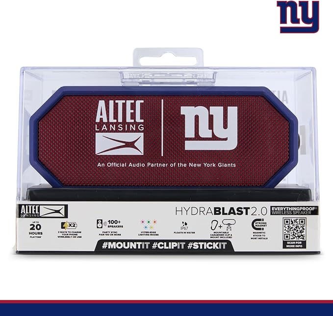 Altec Lansing - Portable Bluetooth Speaker HYDRABLAST 2.0, Waterproof IP67, 20W Output Power, Magnetic Bluetooth Speaker (New York Giants)