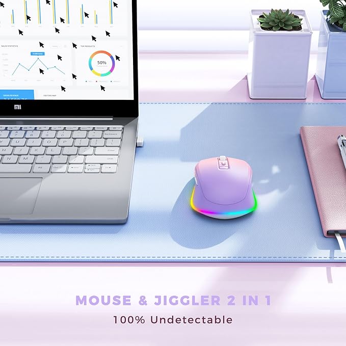 Wireless Mouse Jiggler - LED Wireless Mice with Build-in Mouse Mover, Rechargeable Moving Mouse for Laptop with Undetectable Random Movement Keeps Computers Awake - Purple to Pink