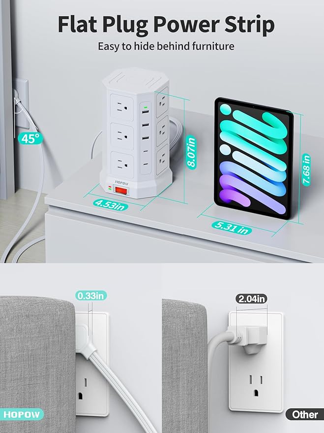 Surge Protector Power Strip - 12 AC Outlets & 5 USB (2 USB C), 1875W/15A, 1700J Surge Protector Tower, Extension Cord with Multiple Outlets, 6.5FT Charging Station for Home Office Dorm