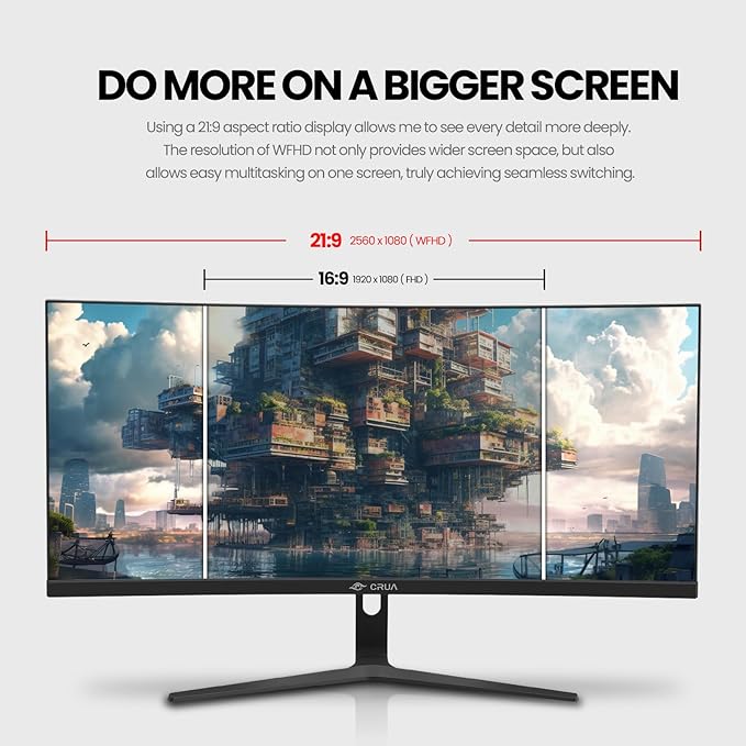 CRUA 30Inch Ultrawide Curved Monitor, 21:9 WFHD(2560x1080P) VA Computer Monitor, 120% sRGB 100HZ 1500R PC Monitors Support FreeSync, Wall-Mounted, with HDMI/DP Display Port-Black