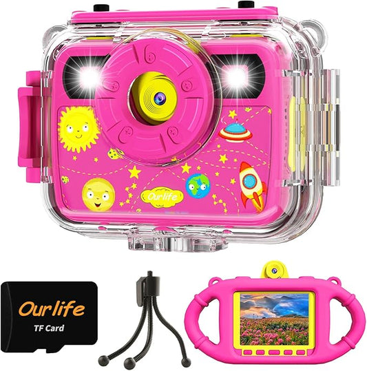 Ourlife Kids Underwater Camera,Waterproof Cameras Toys for Toddler,1080P 2.4'' Large Screen Cam Digital Camera with 8GB Card,Fill Light,Christmas Birthday Gift for Girls Ages 3-12 (Pink)