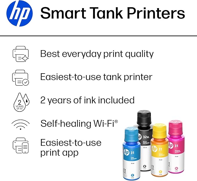 HP Smart Tank 7001 Wireless All-in-One Ink Tank Printer, Scanner, Copier with 2 years of ink included, Best-for-home office, Refillable, AI-enabled (28B49A)