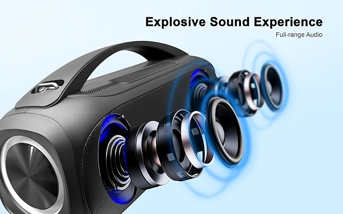 Fisher Portable Bluetooth Speaker IPX5 Water Resistent Speaker, 60W Peak Power Bluetooth Stereo Boombox HD Sound, 3H Playtime, LED Lights, TWS, BT5.3, FM Radio, AUX, Wireless Electronic Home Outdoor