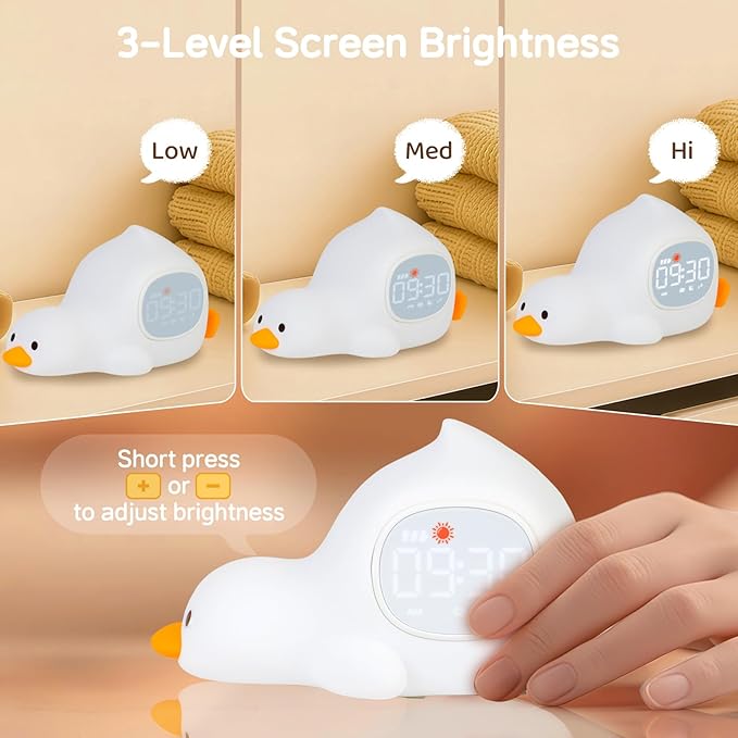 Alarm Clock for Kids with Night Light, Sleep Training Clock Time to Wake Clock, Rechargeable Silicone Light for Bedroom, Perfect Sleep Companion for Boys Girls, Laying Duck
