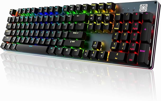 Black Emblem Mechanical Gaming Keyboard with Clicky Blue Switches, RGB Backlit Full Size 104 Key Programmable Wired Keyboard with Aluminum Base for Gaming/Typing/PC/Mac