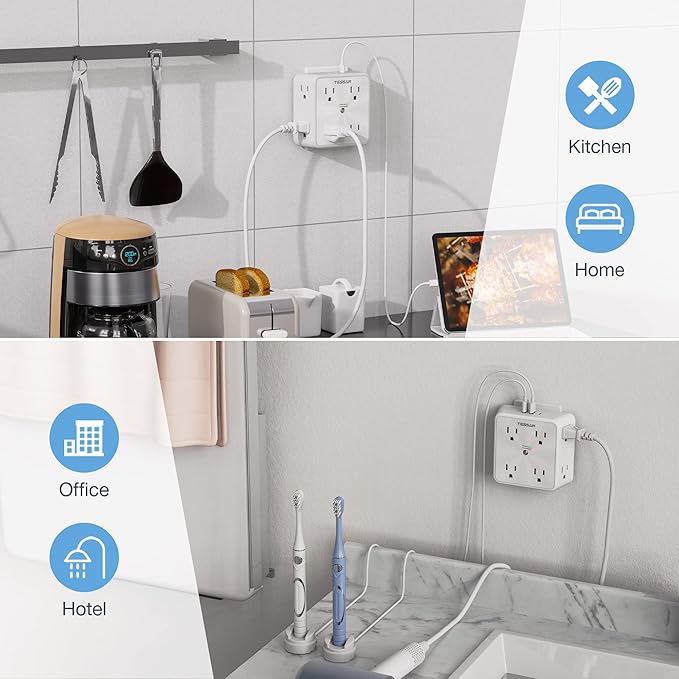 Surge Protector 8 Outlet Extender, TESSAN Multi Outlet Splitter with 3 USB Wall Charger (1 USB C Port), 3-Sided Multiple Plug Power Strip 1700J, Charging Station for Home Office Dorm Room