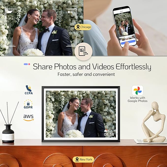 NexFoto 13.5 Inch Touchscreen Digital Picture Frame, 3K Resolution Digital Photo Frame 64GB WiFi, Unboxing Gift Mode, Add Photos from Google Photos, Share Videos, for Friends, Mom, Black