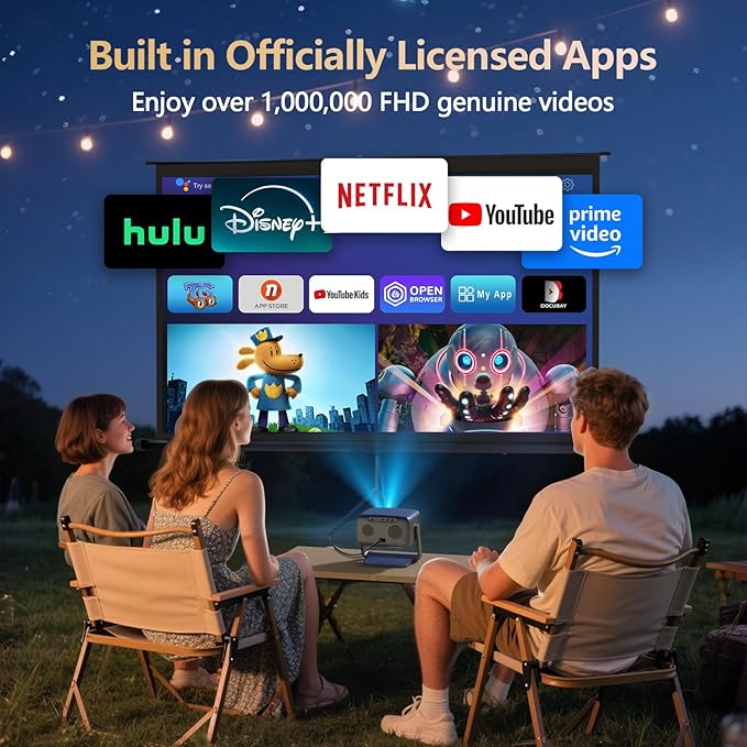 [2000 ANSI/ Official-NetfIix/360°Stand] Outdoor Projector with WiFi and Bluetooth, Auto Focus, Auto Keystone 4K Projector Native 1080P Support 36W DoIby Audio 500'' Display Smart Proyector