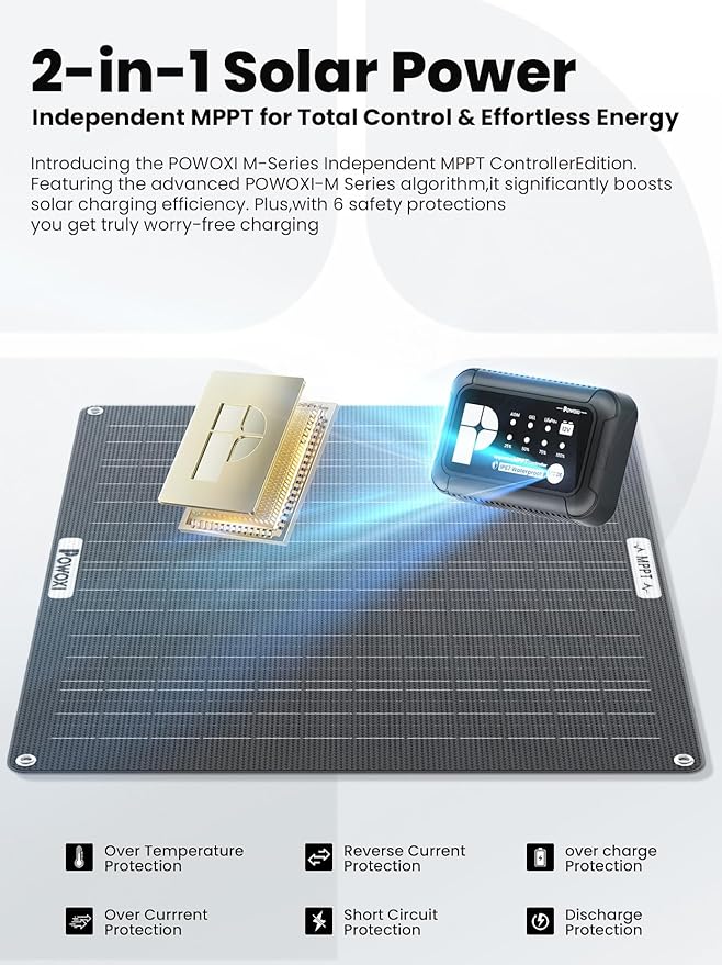 POWOXI 50W Solar Battery Charger: 12V Solar Car Battery Trickle Maintainer - with MPPT Controller Parameter Adjustable - for RV Boat Marine Motorcycle Trailer Truck Tractor - Solar Panel Kit