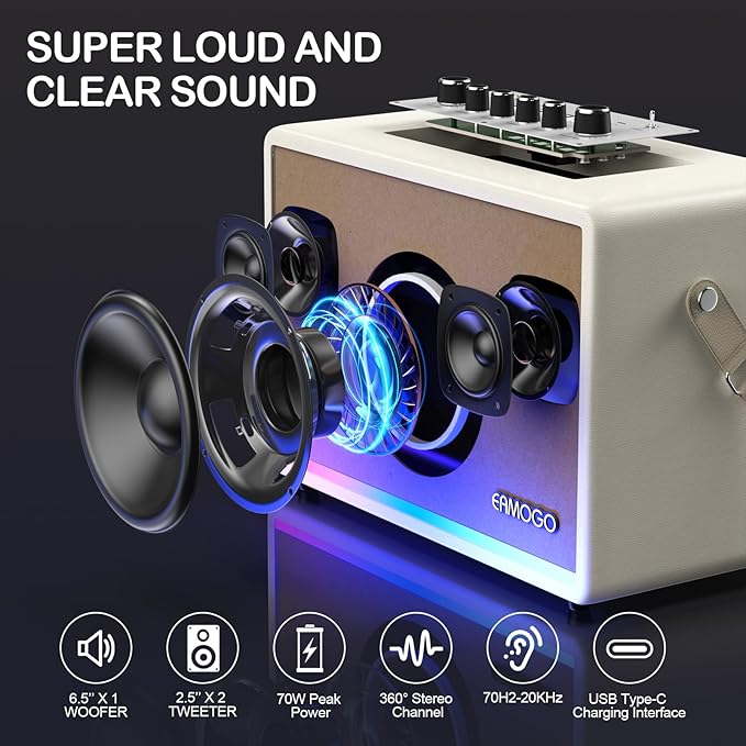 Portable Bluetooth Speaker with 2 Wireless Mics | 70W Peak Deep Bass Birchwood Cabinet | Bluetooth PA System for Outdoor Camping, Backyard| Dynamic LED Lights USB/AUX/OTG Rechargeable Battery (White)