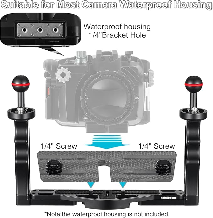 MINIFOCUS Underwater Camera Handle Tray Bracket, Dual Handle Extendable Aluminum Alloy Video Stabilizer Holder with 2 1'' Ball Clamp Mount for Underwater Camera Diving Housings