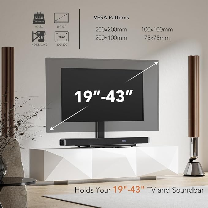 Universal Swivel TV /Table Top TV Stand for 19 to 43 inch TVs with 90 Degree Swivel, 4 Level Height Adjustable, Heavy Duty Tempered Glass Base, Holds up to 99LBS HT02B-001