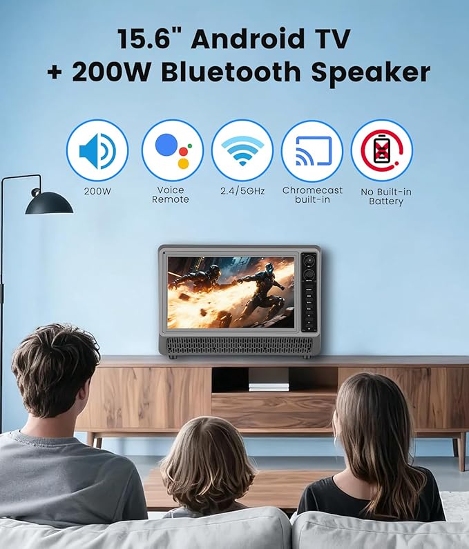 Feihe 15.6 inch Small Smart TV with Speaker System, Loud Portable Bluetooth Speaker Design Retro Android TV,Karaoke Wireless Microphones, Support HDMI/AUX/USB for Home Party Camping