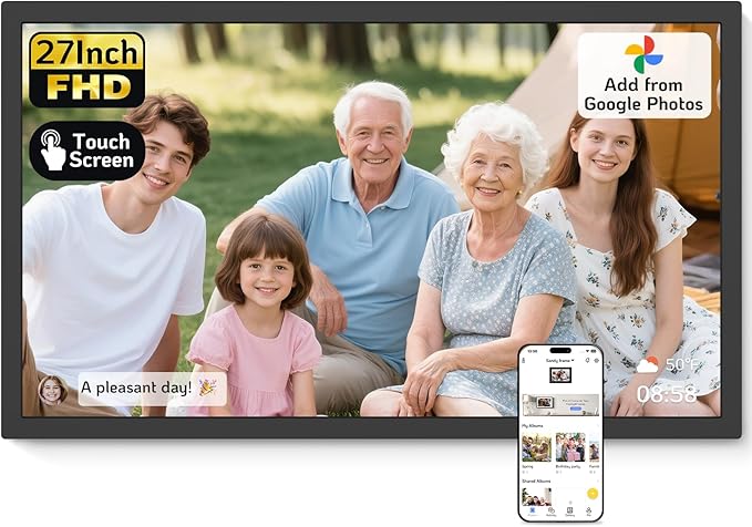 NexFoto 27 Inch Touchscreen Digital Picture Frame, FHD WiFi Photo Frame Electronic, 64GB Digital Frame, Add Photos from Google Photos, Upload Videos, Gifts for Housewarming, Black