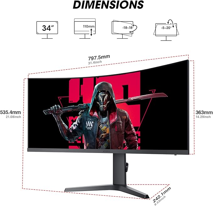 KOORUI 34-inch Ultrawide Curved WQHD 3440×1440 Gaming Monitor, 165Hz 144Hz Curved 1000R- PIP/PBP, 1ms(MPRT) with DisplayHDR 400, FreeSync Premium, 75 * 75mm VESA, HDMI/DisplayPort, 34E6UC