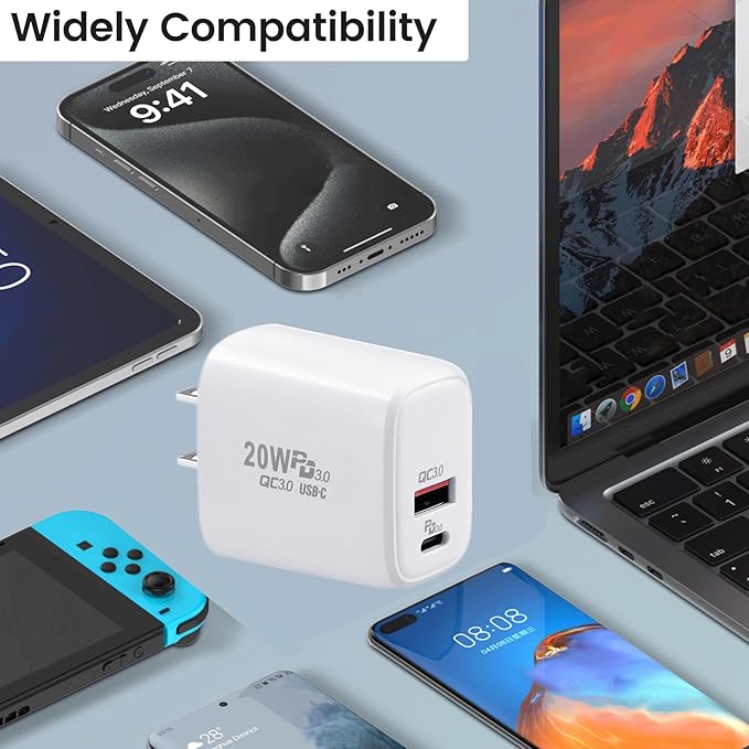 PD 20W USB C Fast Charger Compatible with Meta Quest 3 3S - Dual Port USB + Type C Adapter with 6.6ft C to C Charging Cable for Oculus Quest 2 Headset