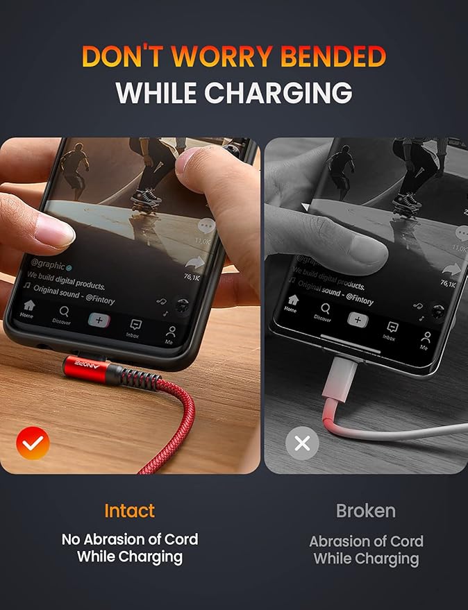 AINOPE USB C Cable 60W 2-Pack 6.6ft Nylon Braided USB C to USB C Cable Type C Charger Fast Charging Right Angle USBC Cable Charger Cord for iPhone 16 Pro Max 15 Plus Samsung S24 S23 iPad Pro Red