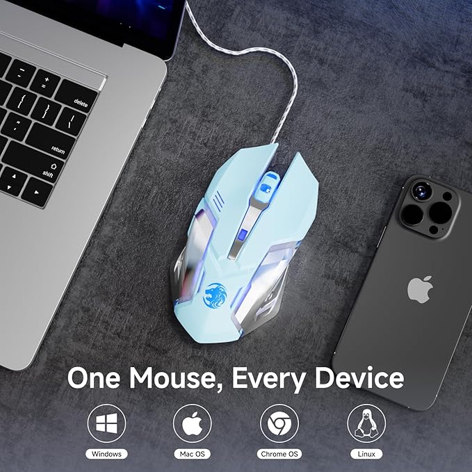 EWEADN G3 Wired Gaming Mouse, 2400 DPI Wired Optical Mouse with 6 Programmable Macro Buttons, Metal Base, 4-Color Breathing Light for PC/Laptop/Windows-Blue