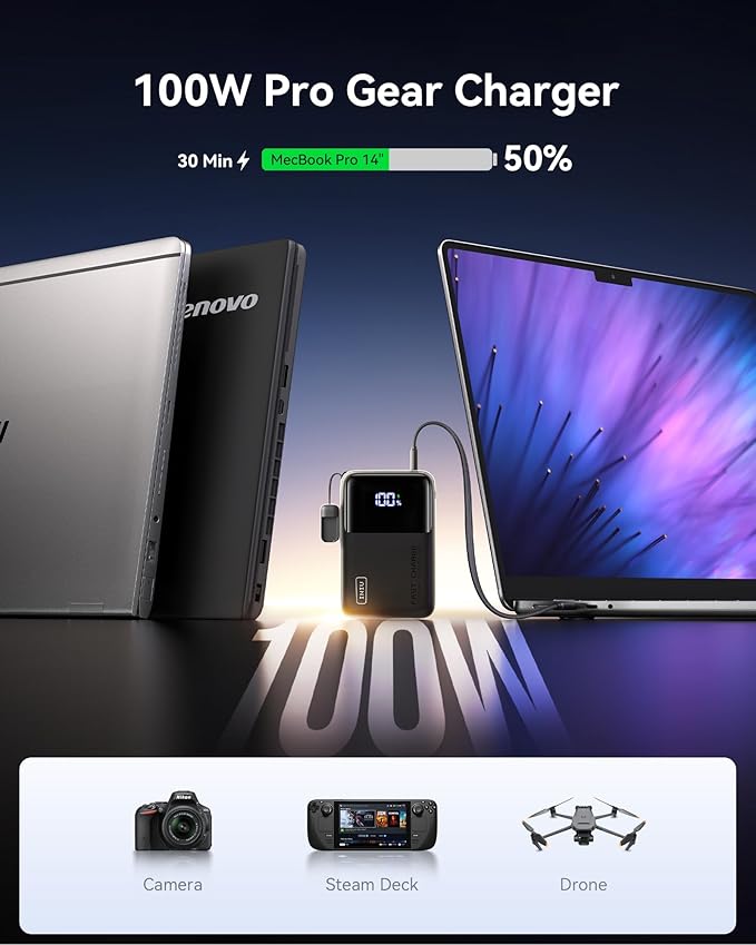 INIU 100W Power Bank, Mini Size 25000mAh High Capacity Laptop Portable Charger, USB C in&Out Tablet Powerbank, Smart Digital Display Phone Charger for iPhone 17 16 15, Samsung, iPad, MacBook, Laptop