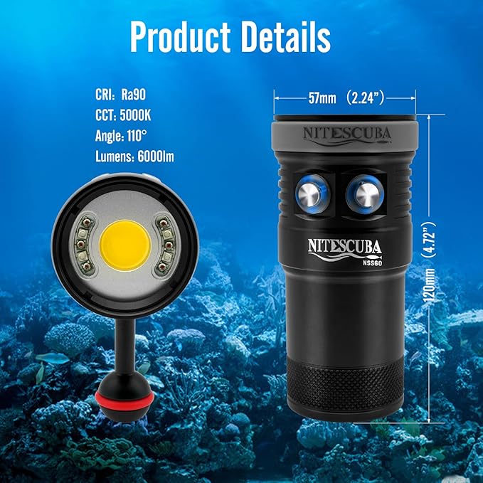 NSS60 Scuba Diving Light Underwater Video Light 6000 Lumen Waterproof Flashlight for 100m/330ft CRI=90 Underwater Photography,which Connected to Filters or Optical Snoot