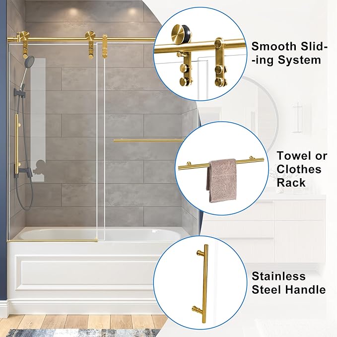 56-60" W x 66" H Tub Shower Door Bathroom Sliding Shower Door 5/16"(8mm) Thick Tempered Glass Shower Door with Double Stainless Steel Handles for Bathtub, Brushed Gold