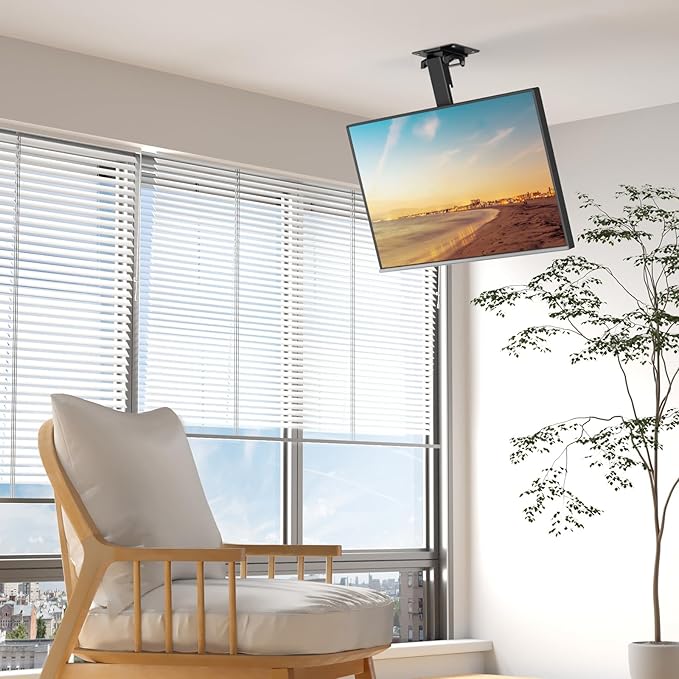 WALI Folding Ceiling TV Mount, Swivel and Flip Down TV Bracket for 17 to 42 inch Flat Screens up to 44 Lbs, Under Cabinet Mounting Saving Space Max Mounting Holes 200x200mm(FCM202), Black