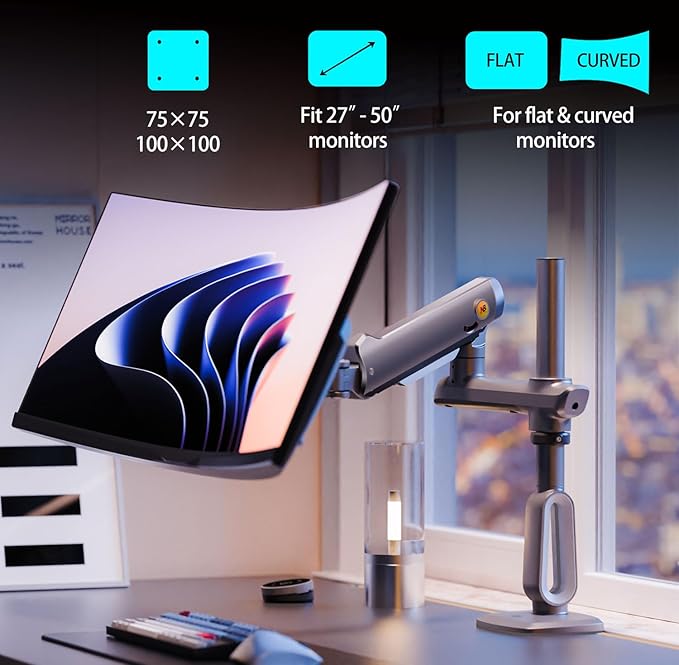 Gaming Monitor-Arm for Flat/Ultrawide/Curved Monitors 27 to 50 inch, Heavy Duty Stand Load up to 18 kg, VESA 75/100 mm Monitor-Mount A7