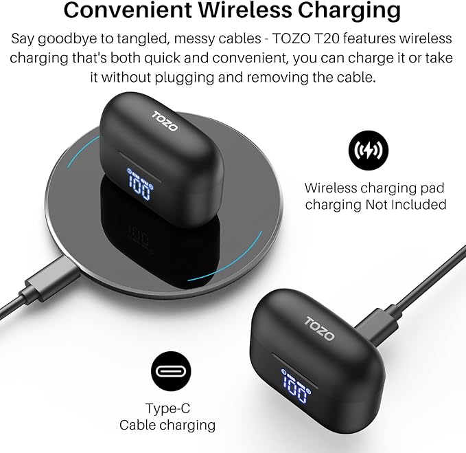 TOZO T20 Wireless Earbuds Bluetooth Headphones 48.5 Hrs Playtime with LED Digital Display, IPX8 Waterproof, Dual Mic Call Noise Cancelling 10mm Broad Range Speakers, 2025 Version