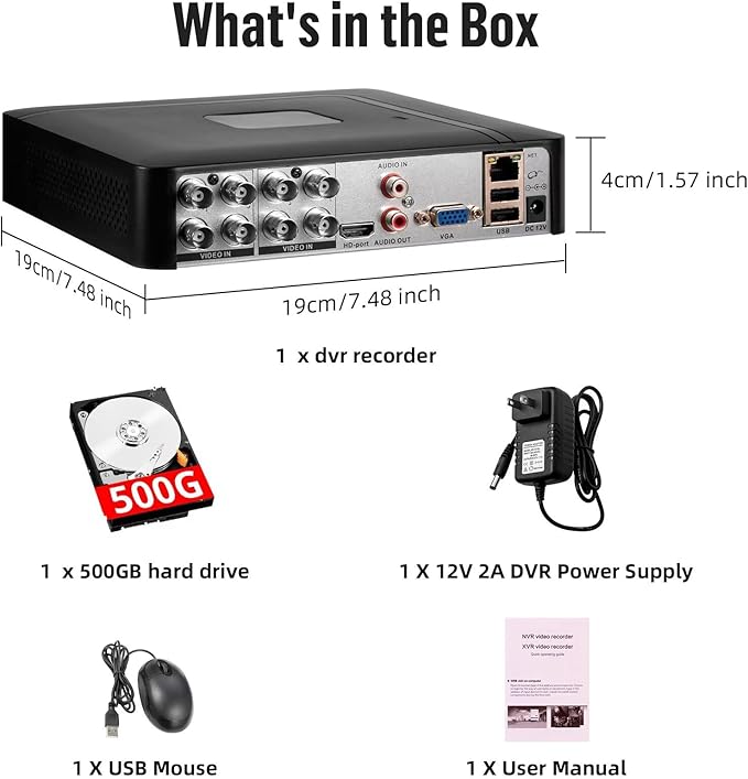 8 Channel Security DVR Recorder with 500G HDD, 8CH Hybrid 6-in-1 CCTV DVR for Surveillance Camera, Supports 8CH Analog Cameras, DVR for Security Camera Home Surveillance System, Mobile APP & PC Remote