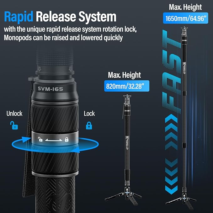 SIRUI SVM-165 Carbon Fiber Camera Monopod with Feet, 68.7" Professional Lightweight Travel Monopod with Fluid Video Head for DSLR Camera, One-Step Height Adjustment, Modular, Max Load 22lbs