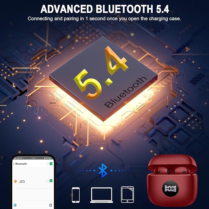Wireless Earbuds, Bluetooth 5.4 Headphones LED Power Display Ear Buds Bass Stereo, Bluetooth Earbuds in-Ear Noise Cancelling Mic, 40H Playback Mini Case IP7 Waterproof Sports Earphones for Android iOS
