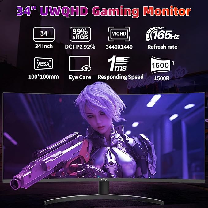 34 Inch 4K Curved Gaming Monitor, (3440x1440) 165Hz VA Panel Ultrawide Computer Monitor, HDR400, 1500R, FreeSync HDMI/DP and Built-in Speaker VESA 100 x 100mm