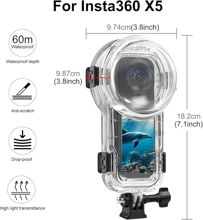 60M/196FT Invisible Diving Case for Insta360 X5 Underwater Waterproof Case Housing Shell for Insta 360 x5 Action Camera Protective Cover Accessories for Diving Surfing Swimming Skiing