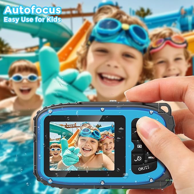 Underwater Camera 16FT Waterproof for Kids Waterproof Digital Camera for Snorkeling Swimming Autofocus 1080P Portable with Rechargeable Batteries, Sling, Blue