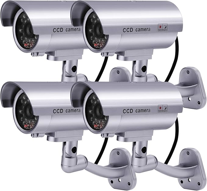 FITNATE Dummy Security Camera, 4 Packs Fake Surveillance Security CCTV Camera System with LED Red Flashing Light for Both Indoor & Outdoor Use + Security Camera Warning Stickers × 4 (Silver)