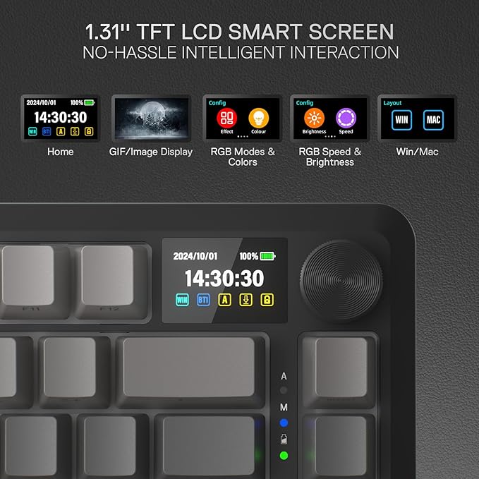 Redragon K724 PRO Wireless Gasket Gaming Keyboard w/Hype 1.14’’ TFT Screen & Knob, 81-Key 75% Mechanical Keyboard, 5-Layer Noise Dampening, Hot-Swap South-Facing RGB Socket, Gradient PBT Keycaps