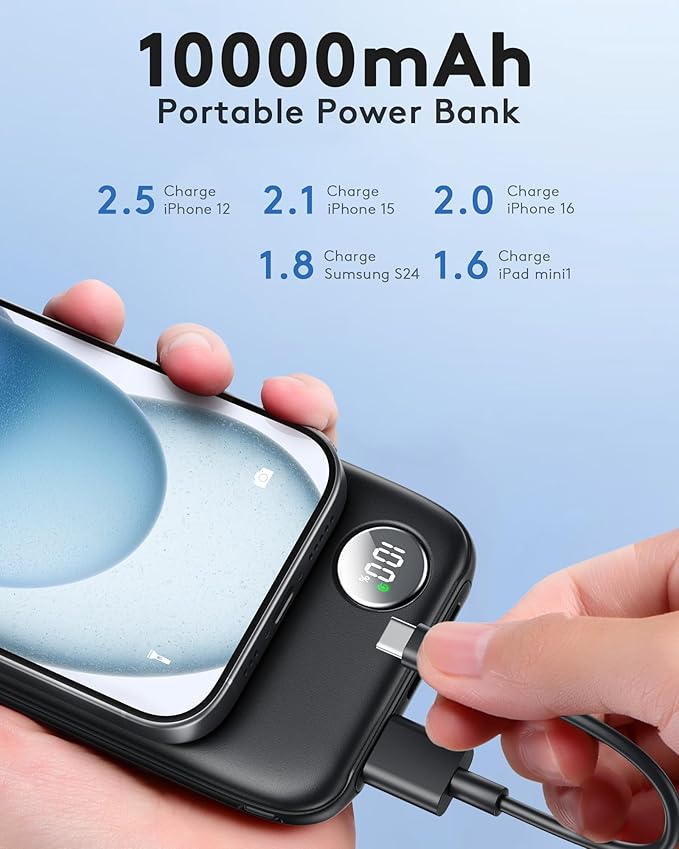 Powerbank Fast Charging Max 12V/4.5A, Ultra Slim Portable Charger USB C 10000mah, Travel Power Bank for iPhone 11 12 13 14 15 16 Samsung Android, DC Lightweight Battery Pack Phone Charger, Deep Black