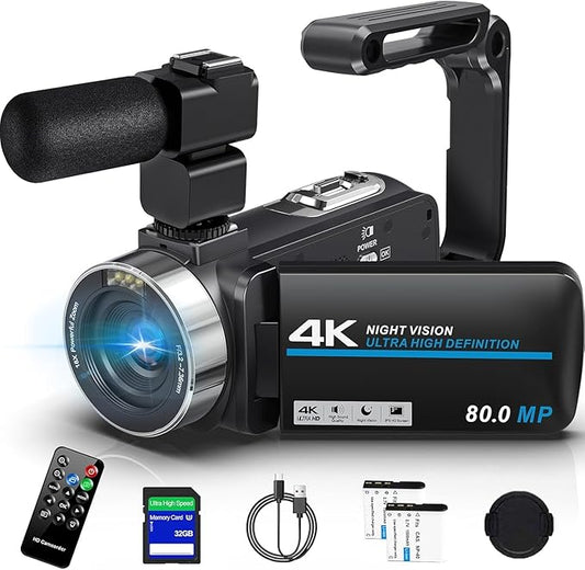 Camcorder Video Camera 4K HD 80MP Vlogging Camera for YouTube IR Night Vision Camera 18X Digital Zoom 3.0 IPS Screen Video Recorder with 32GB SD Card, 2 Batteries, Remote Control, and Stabilizer