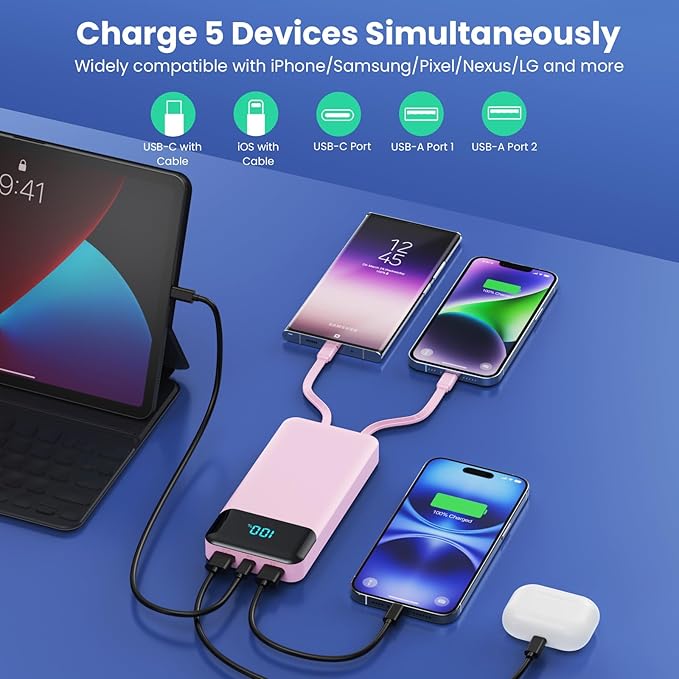 Portable Charger 40800mAh with 3 Built-in Cable,PD 25W USB C in&Out Power Bank Fast Phone Charging,QC4.0 LED Display 5 Output External Battery Pack Compatible with iPhone 16/15,Samsung Android-Peach