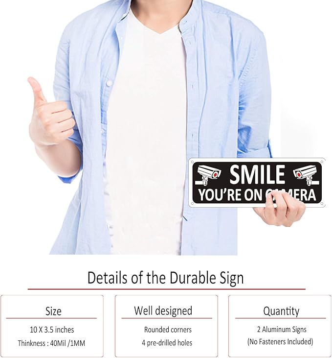 Bagstar (2 Pack) Heavy-duty Metal Smile You're on Camera Sign, 10" x 3.5" Aluminum Video Surveillance Sign, Camera Warning for Home Security, House, Business, Yard, Outdoor