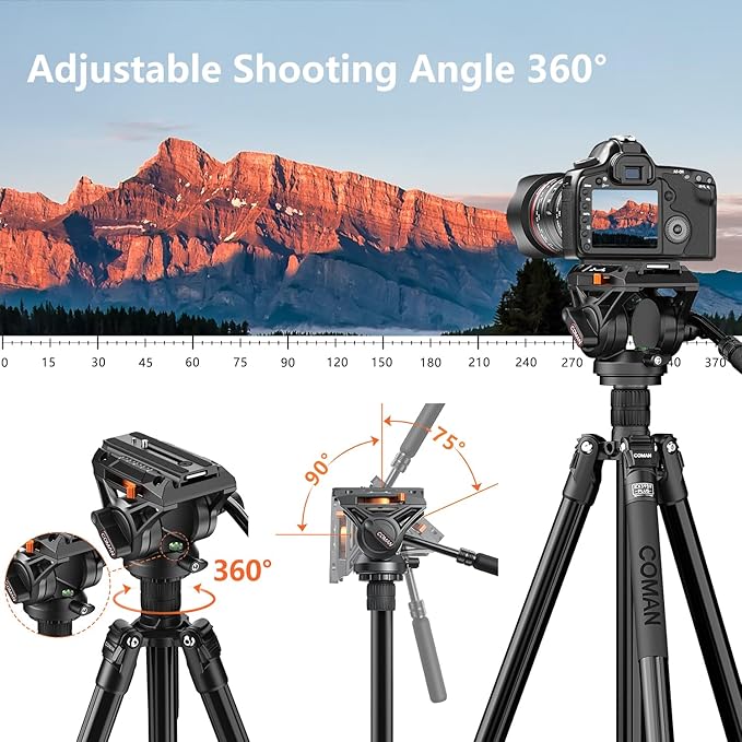 COMAN Fluid Head Tripod for DSLR Camcorder,Camera Monopod Tripod 360° Pan&+90°/-70° Tilt,New Q6 Fluid Head Aluminum Alloy QR Plate Compatible with DJI RS Gimbal Manfrotto Max Load 17.6lb