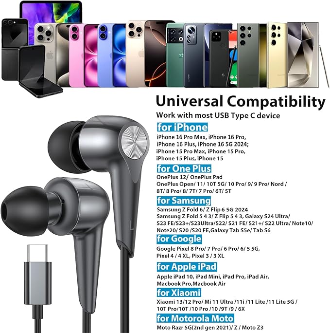 USB C Earbuds Wired Headphones with Mic for iPhone 17 16e 16 15 iPad Air Pro Samsung Z Flip Fold 6 Galaxy S25 Ultra S24 Pixel 8 7 6 Oneplus, Type C in-Ear Volume Control Noise Isolation Sport Headset