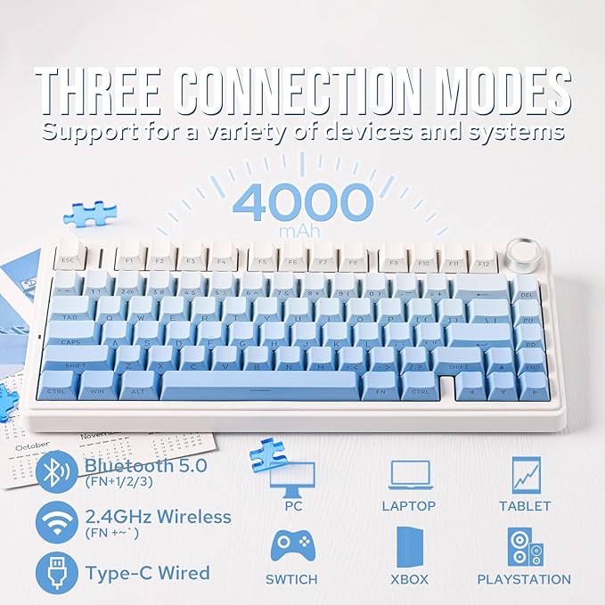 EPOMAKER x Aula F75 Gasket Mechanical Keyboard, 75% Wireless Hot Swappable Gaming Keyboard with Five-Layer Padding&Knob, Bluetooth/2.4GHz/USB-C, RGB (Blue Gradient, LEOBOG Reaper Switch)