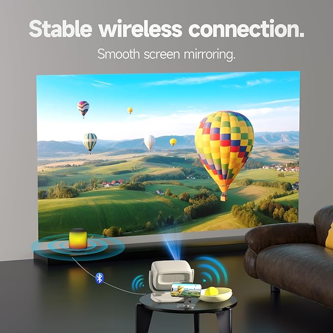 [Built-in Apps&Auto Focus] Portable Projector 1080P Smart Mini Projector Support 4K 180° Stand Auto Keystone with WiFi 6 Bluetooth Fabric Panel Movie Projector Compatible with TV Stick/Xbox/Laptop