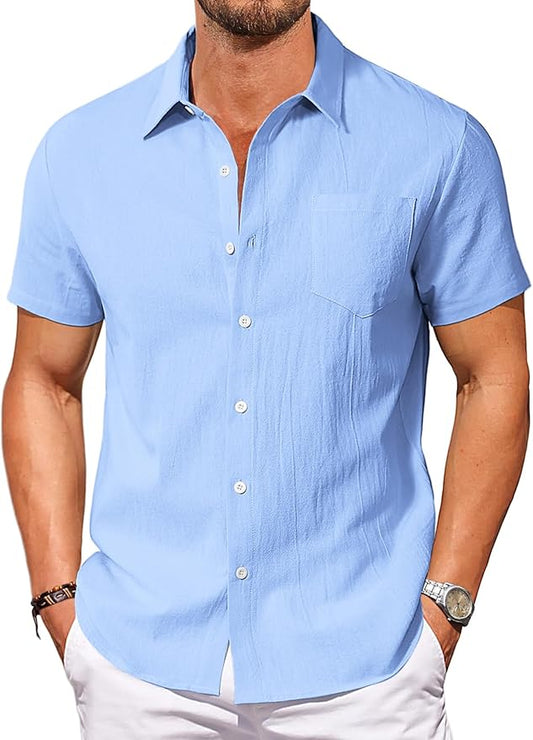 Vssjavun Mens Short Sleeve Button Down Shirts Casual Cotton Shirt Summer Beach Tops with Pocket