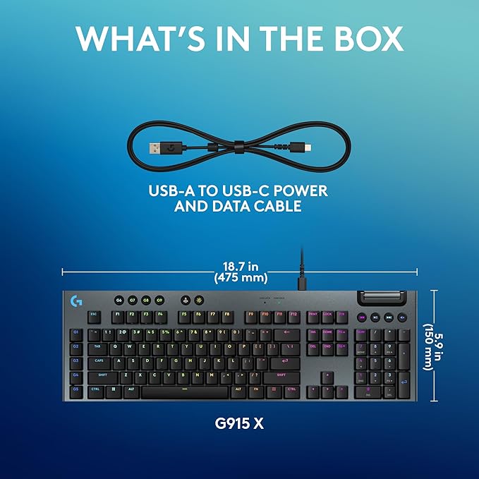 Logitech G915 X Wired Mechanical Gaming Keyboard, Double-Shot PBT Keycaps, Fully Programmable Keys, RGB Backlit Mac/PC Gaming Keyboards, Aluminum Finish, GL Tactile Switches, Black
