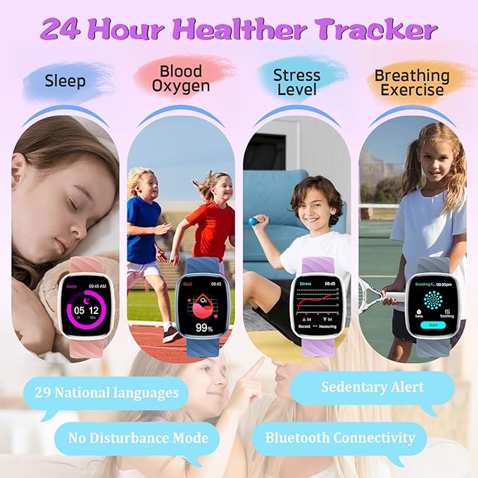 Smart Watch for Kids Fitness Activity Tracker for Boys Girls, Waterproof, Puzzle Games, Alarm Music, Sport Mode, Heart Rate, Sleep, Pedometer, Children Smartwatch Birthday Gift for Teens, Purple