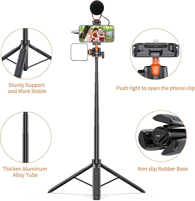 VRIG TP16 Camera Tripod, 55 inch Extendable Phone Selfie Stick Camera Tripod Stand with 2 in 1 Phone Clip, 5 Levels Adjustment 360° Ball Head Loads Up for Pocket 3 Insta360 X5 iPhone Sony Canon