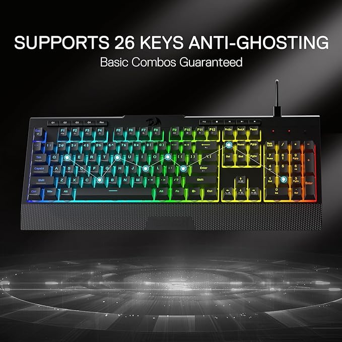 Redragon K525 RGB Backlit 104 Keys Wired Membrane Gaming Keyboard w/ 5 Multimedia Keys & 4 Extra On-Board Macro Keys, Dedicated Media Control, Ergonomic Wrist Rest, Linear Mechanical-Feel Switch